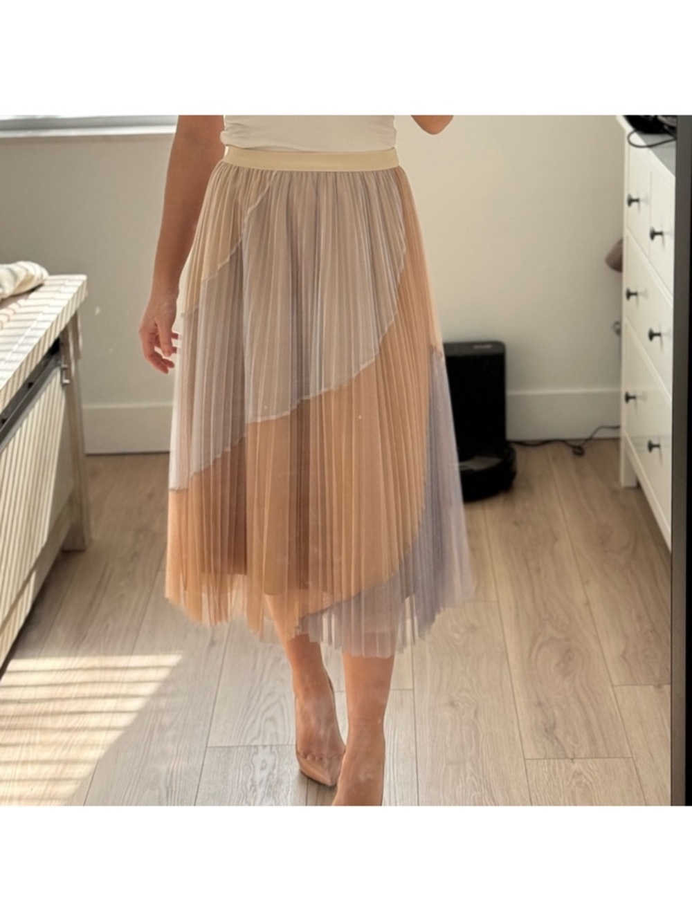 Sheer Layered Midi Skirt in Neutral Colorblock
